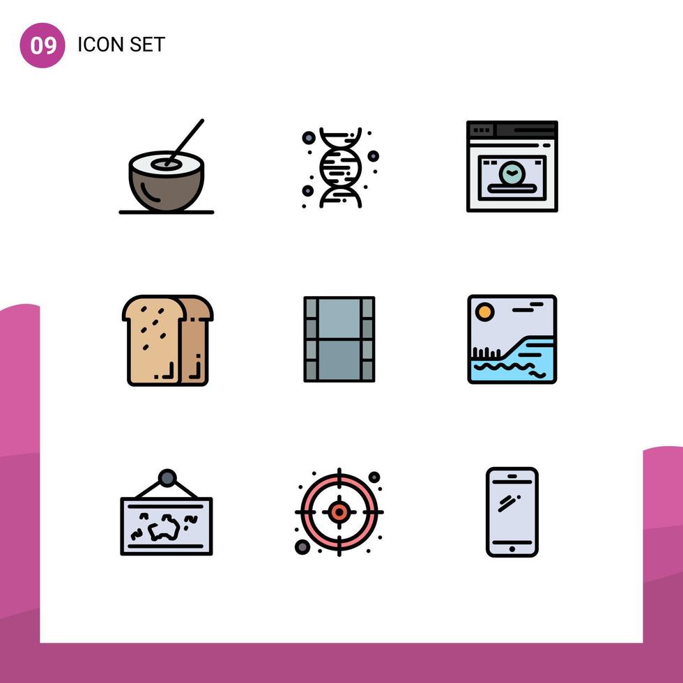 conjunto de 9 paquetes de colores planos de línea de llenado comercial para elementos de diseño vectorial editables de pan de comida web de vacaciones de video vector
