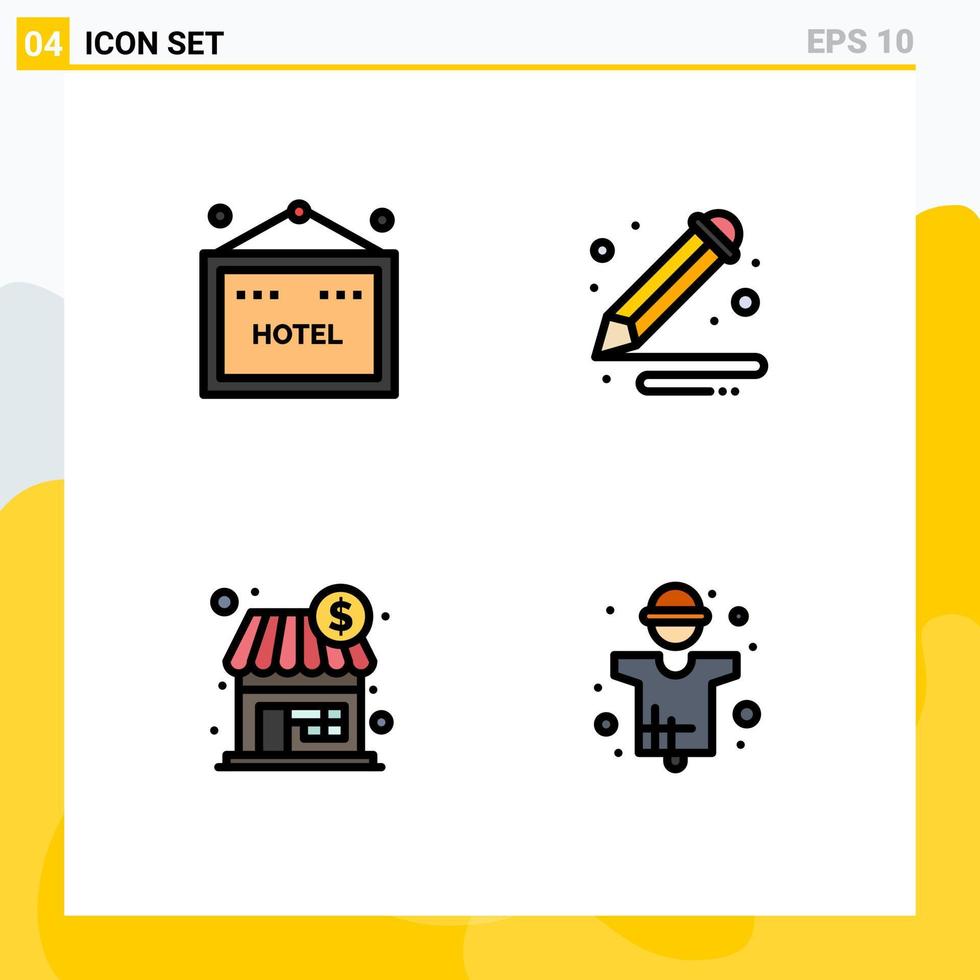 4 Filledline Flat Color concept for Websites Mobile and Apps hotel store art pencil agriculture Editable Vector Design Elements