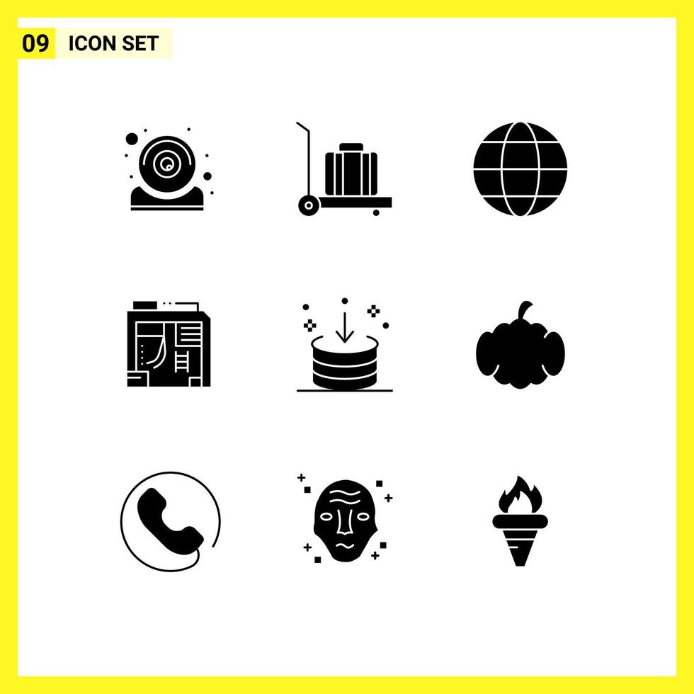 Pack of 9 Modern Solid Glyphs Signs and Symbols for Web Print Media such as import down globe direction case Editable Vector Design Elements