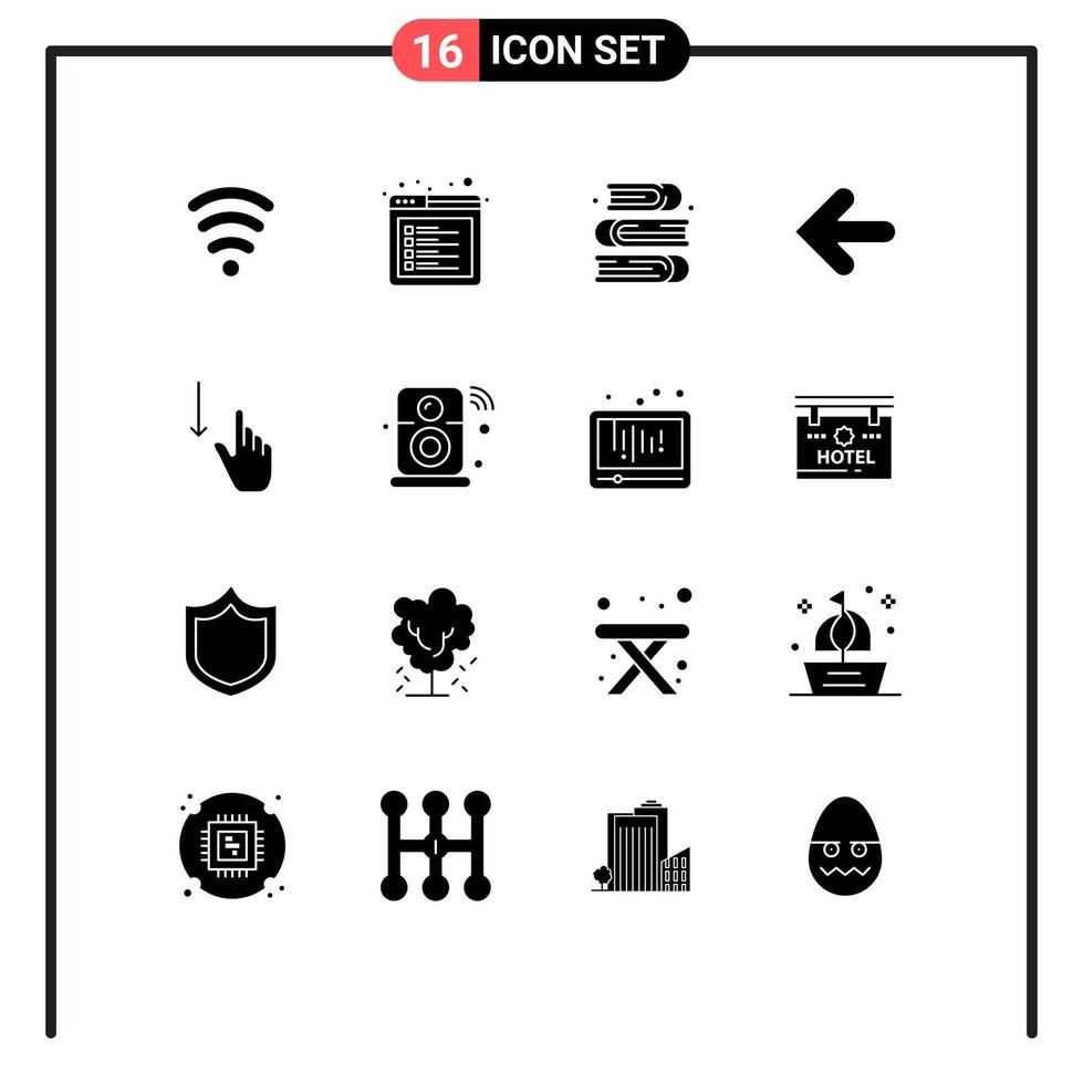 Modern Set of 16 Solid Glyphs Pictograph of gesture down arts point back arrows Editable Vector Design Elements