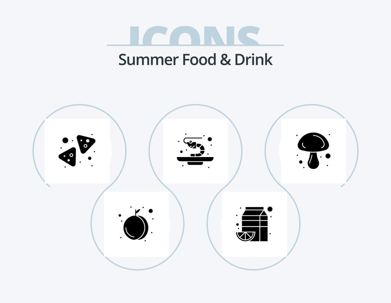 Summer Food and Drink Glyph Icon Pack 5 Icon Design. mushroom. cooking. chips. shrimp. prawn vector