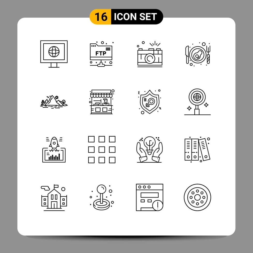 Modern Set of 16 Outlines Pictograph of mountain hill photo nature breakfast Editable Vector Design Elements