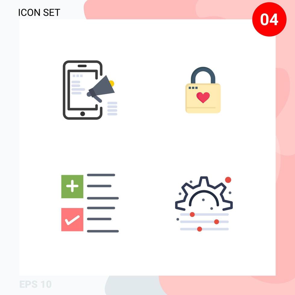 conjunto moderno de 4 iconos y símbolos planos, como anuncios, bloqueo de corazón, casillero móvil, garrapatas, elementos de diseño vectorial editables vector