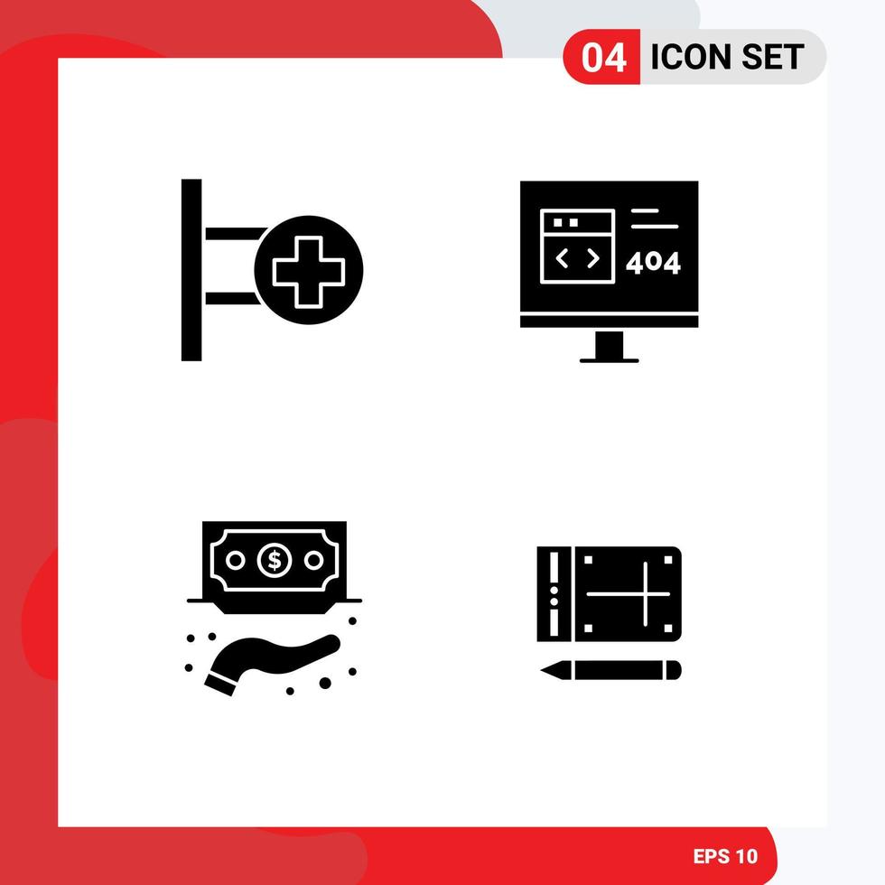 4 Universal Solid Glyphs Set for Web and Mobile Applications medical financing board develop funds Editable Vector Design Elements