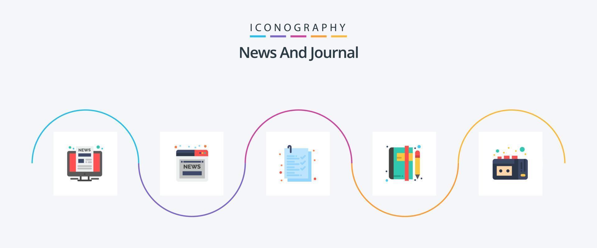 News Flat 5 Icon Pack Including vhs. news. check list. blog. book vector