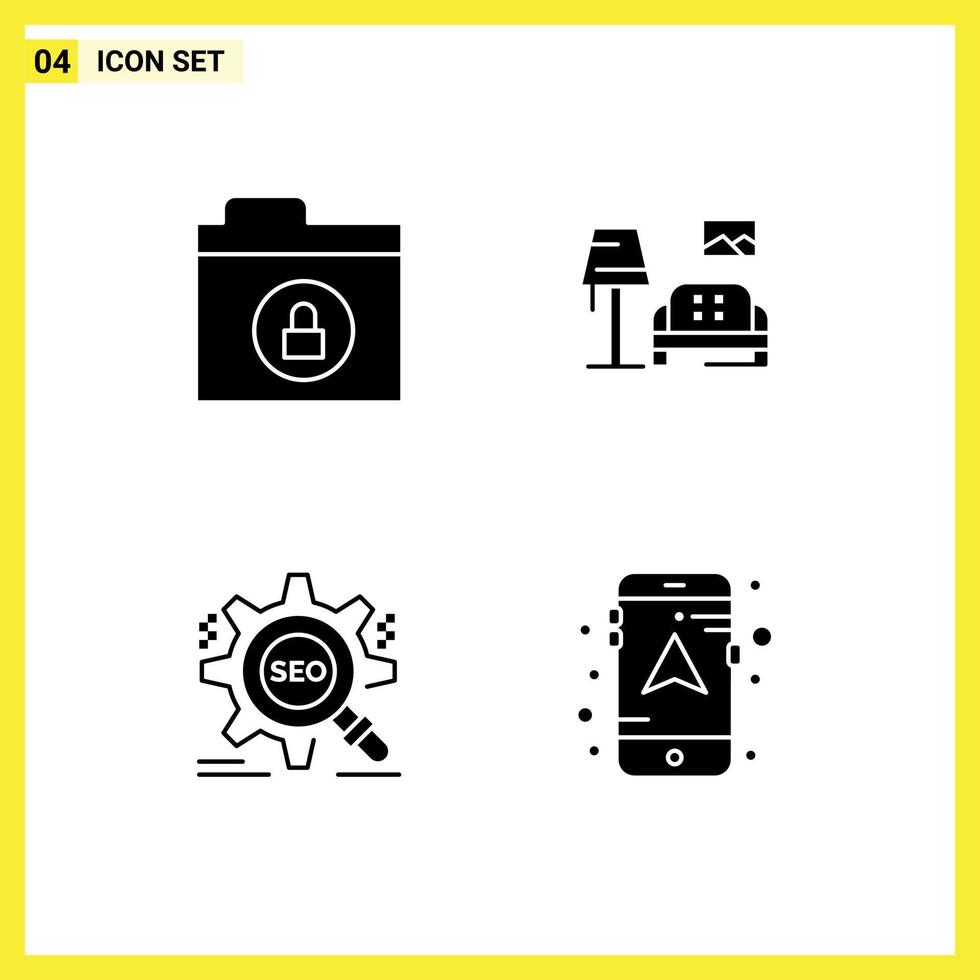 Mobile Interface Solid Glyph Set of 4 Pictograms of encryption target lump gallery setting Editable Vector Design Elements