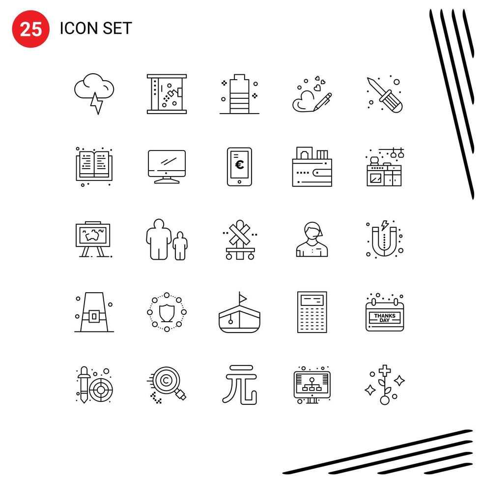25 Universal Lines Set for Web and Mobile Applications screw driver wedding charging heart pen Editable Vector Design Elements