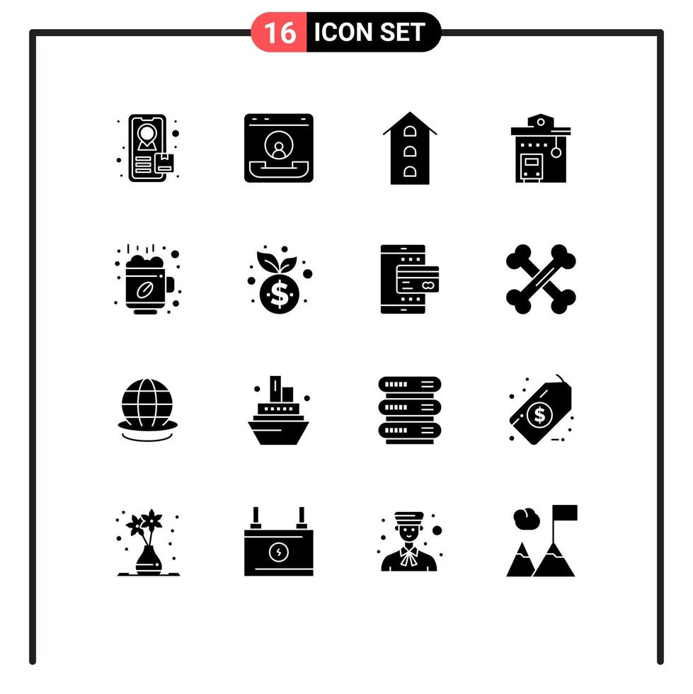 Modern Set of 16 Solid Glyphs and symbols such as break stop shop front station bus station Editable Vector Design Elements