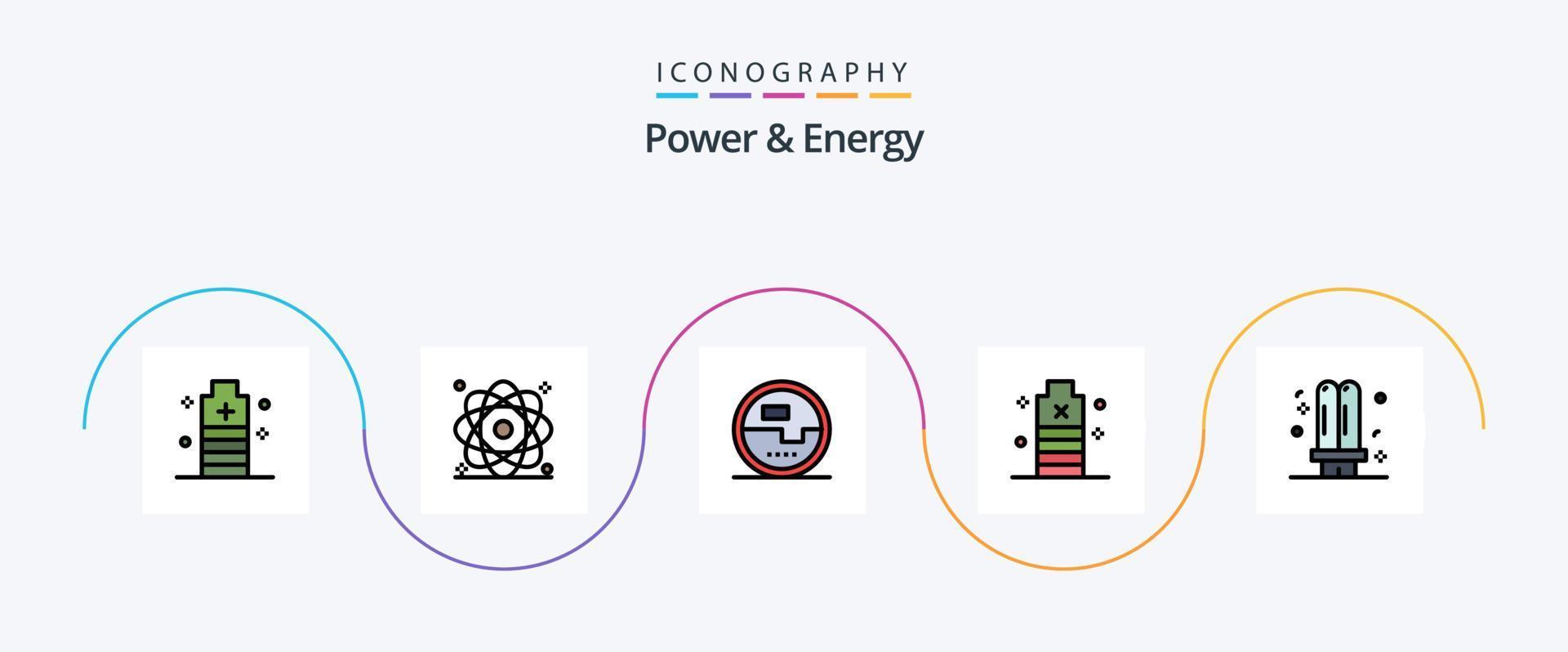 La línea de alimentación y energía llenó el paquete de iconos planos 5 que incluye lo esencial. batería. nuclear. poder. energía vector