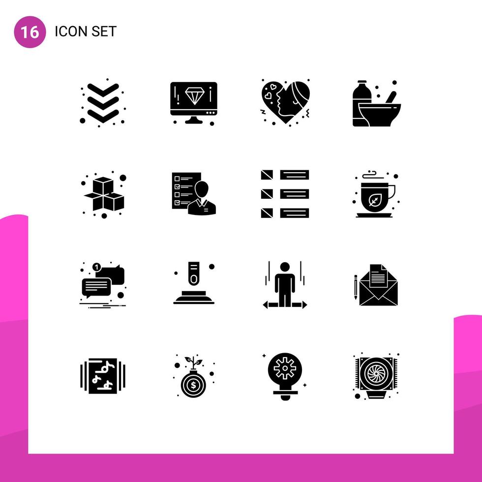 Pack of 16 Modern Solid Glyphs Signs and Symbols for Web Print Media such as cubes nutrition emotion diet bodybuilding Editable Vector Design Elements