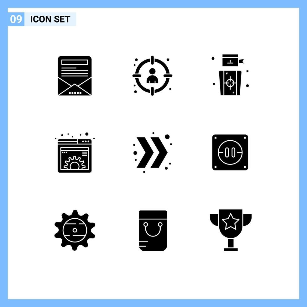 Pack of 9 creative Solid Glyphs of arrow management darts gear content Editable Vector Design Elements