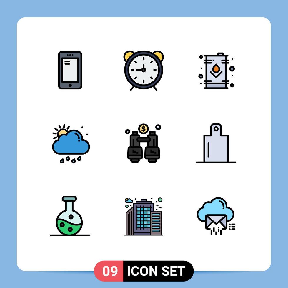 9 concepto de color plano de línea de relleno para sitios web móviles y aplicaciones clima nube temporizador tanque energía elementos de diseño vectorial editables vector