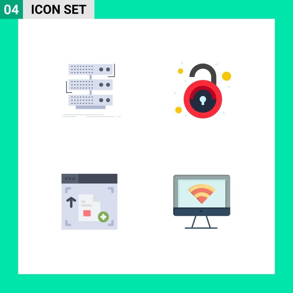 paquete de 4 signos y símbolos de iconos planos modernos para medios de impresión web, como la base de datos de la interfaz del servidor, desbloquear elementos de diseño vectorial editables de la página web vector