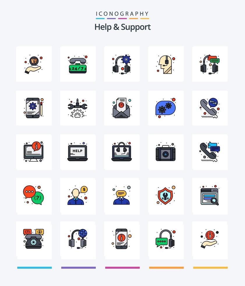 Creative Help And Support 25 Line FIlled icon pack  Such As support. center. gear. call centre. call vector