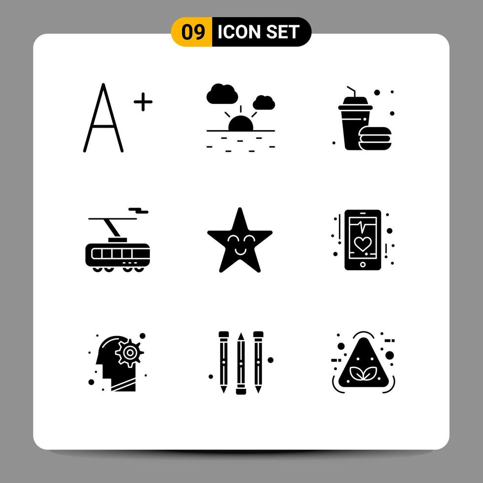9 Universal Solid Glyph Signs Symbols of ecg star food face transport Editable Vector Design Elements