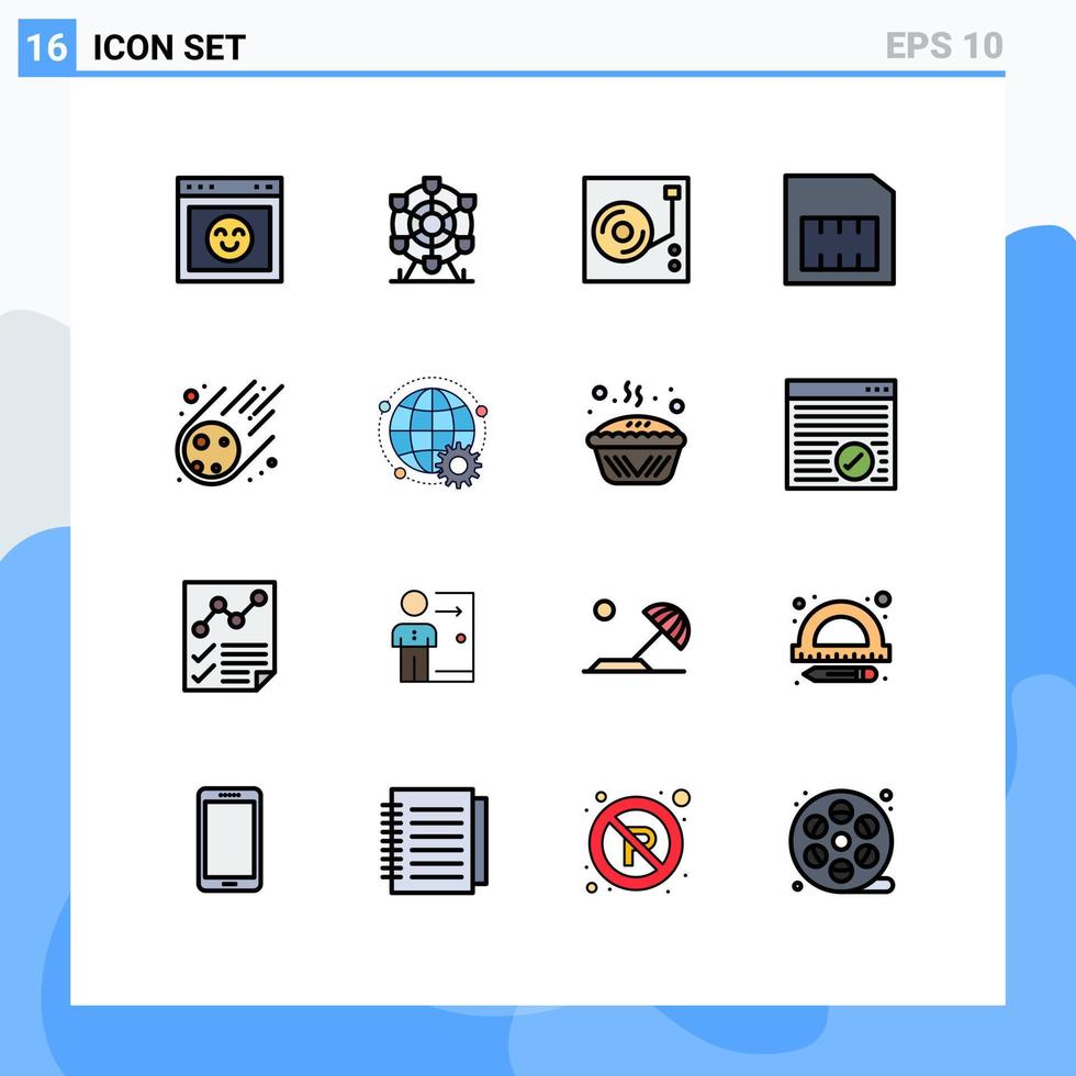 Modern Set of 16 Flat Color Filled Lines Pictograph of meteorite meteorite music sim card Editable Creative Vector Design Elements