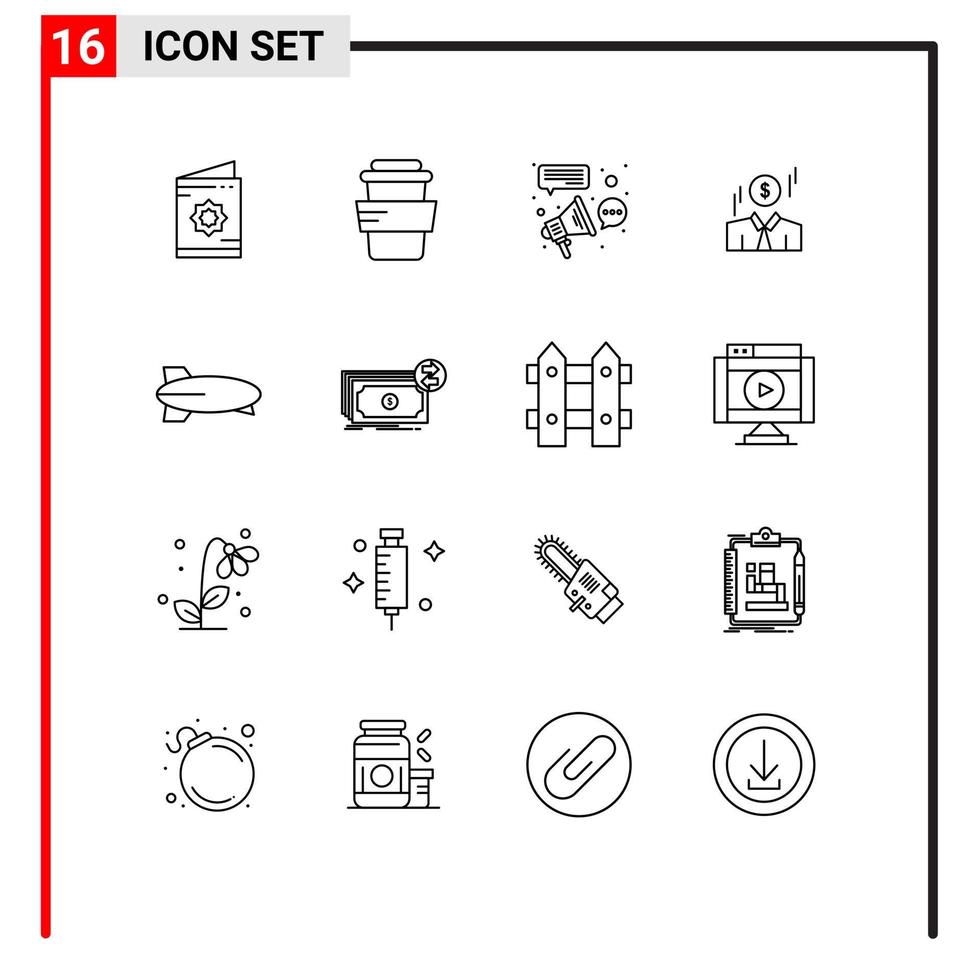 Group of 16 Modern Outlines Set for balloon man advertising dollar connection Editable Vector Design Elements