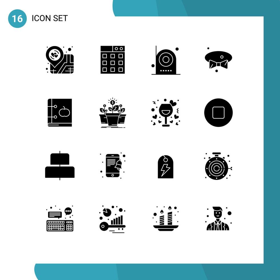 Pack of 16 Modern Solid Glyphs Signs and Symbols for Web Print Media such as book wear devices tie bow Editable Vector Design Elements