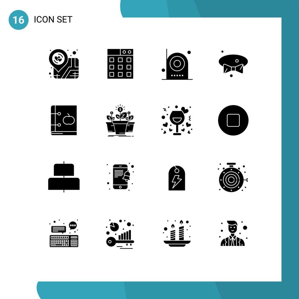 paquete de 16 signos y símbolos de glifos sólidos modernos para medios de impresión web, como dispositivos de uso de libros, elementos de diseño vectorial editables con lazo de corbata vector
