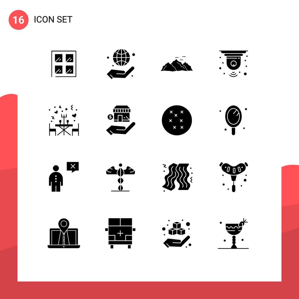 Pack of 16 Modern Solid Glyphs Signs and Symbols for Web Print Media such as restaurant device smart landscape closed cctv Editable Vector Design Elements