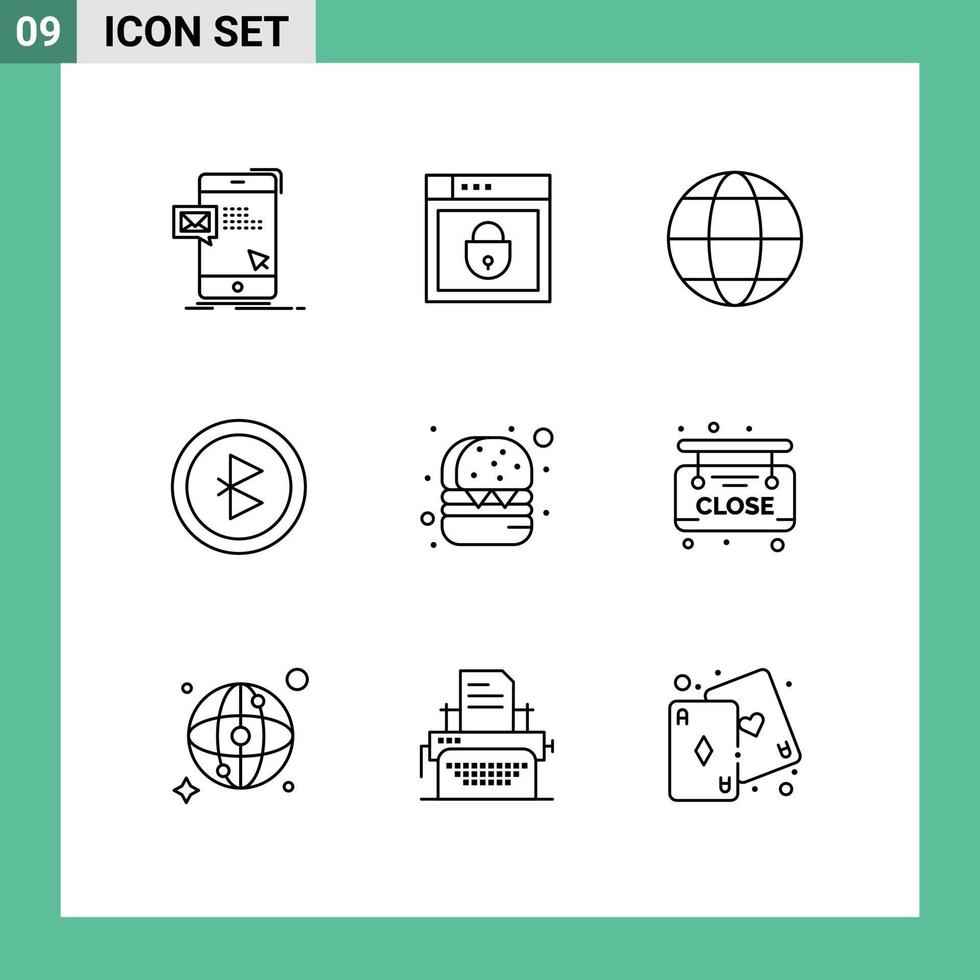 Pictogram Set of 9 Simple Outlines of fast food signal web security connection globe Editable Vector Design Elements