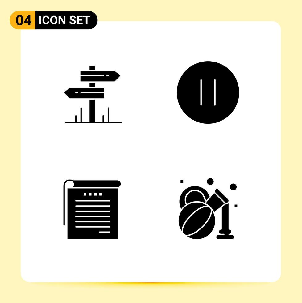 Pack of 4 Modern Solid Glyphs Signs and Symbols for Web Print Media such as direction notes room pause student notes Editable Vector Design Elements