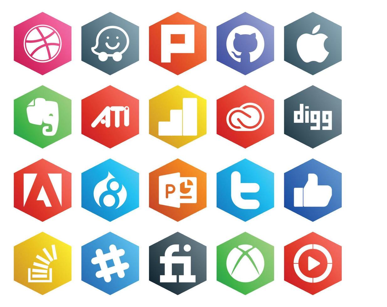 Paquete de 20 íconos de redes sociales que incluye como twitter creative cloud powerpoint adobe vector