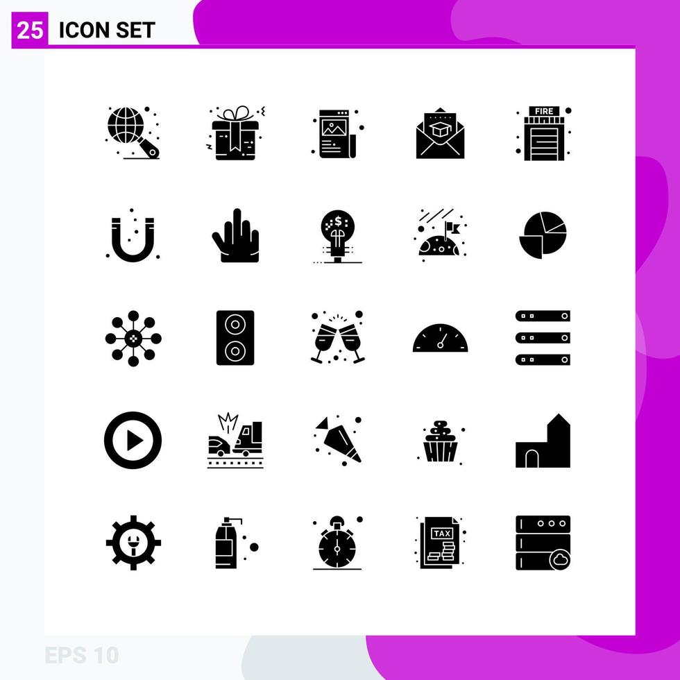 Group of 25 Modern Solid Glyphs Set for home mail creative graduation cap Editable Vector Design Elements