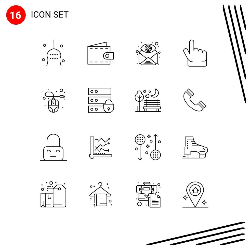 Group of 16 Outlines Signs and Symbols for computer forefinger wallet finger find Editable Vector Design Elements