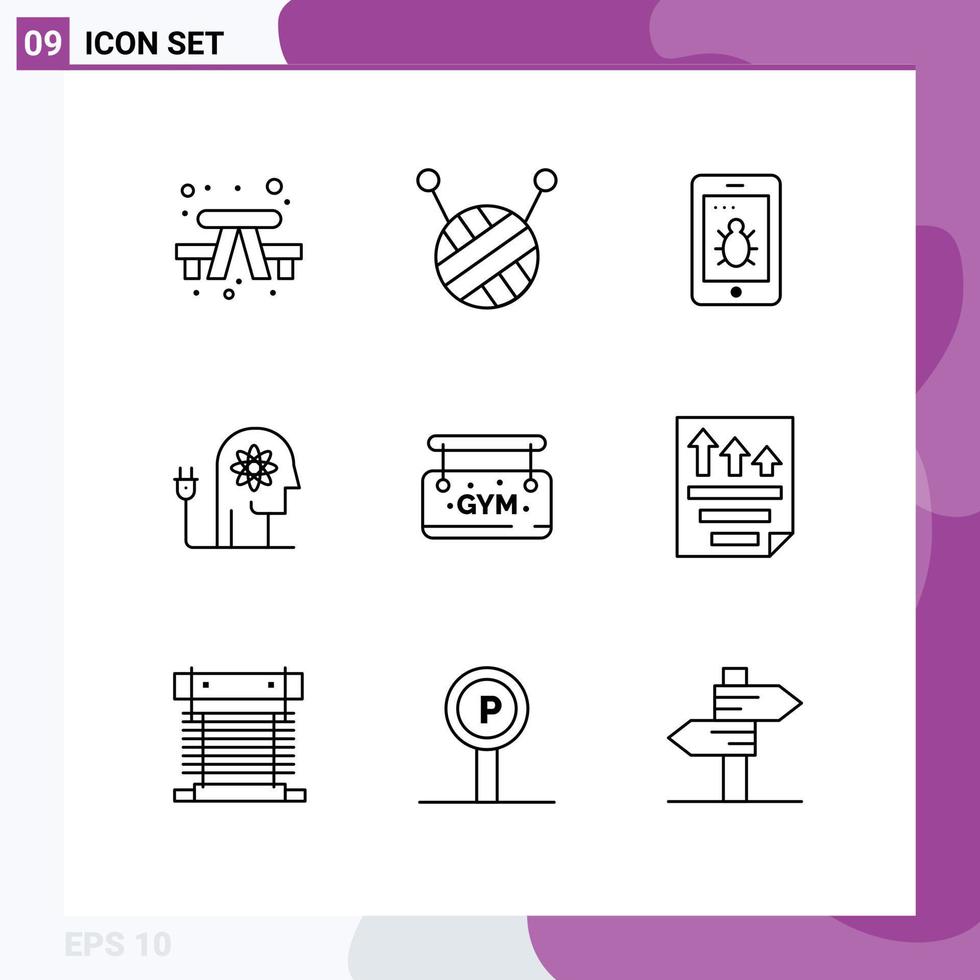 Pack of 9 Modern Outlines Signs and Symbols for Web Print Media such as file sign boosting board mind Editable Vector Design Elements