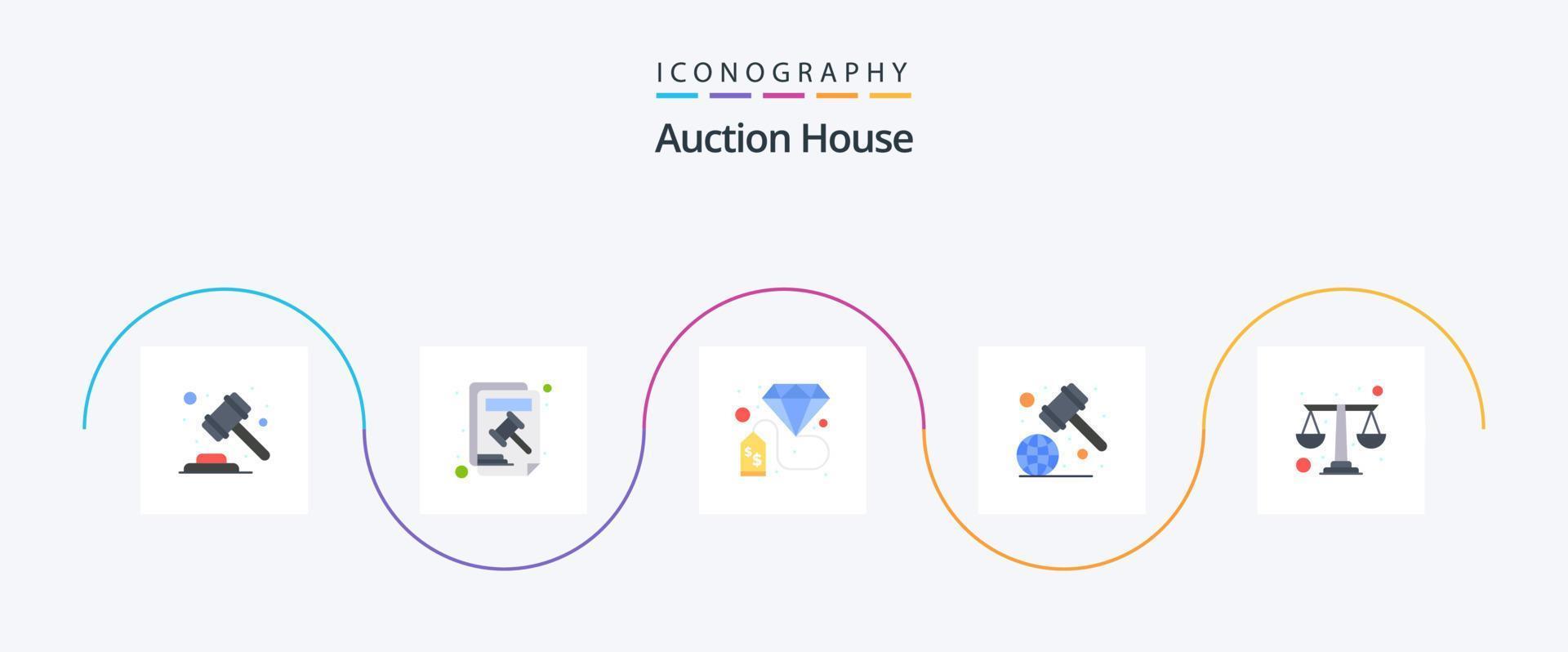 paquete de iconos de 5 planos de subasta que incluye saldo. regulación. martillo de la corte. leyes etiqueta de pago vector