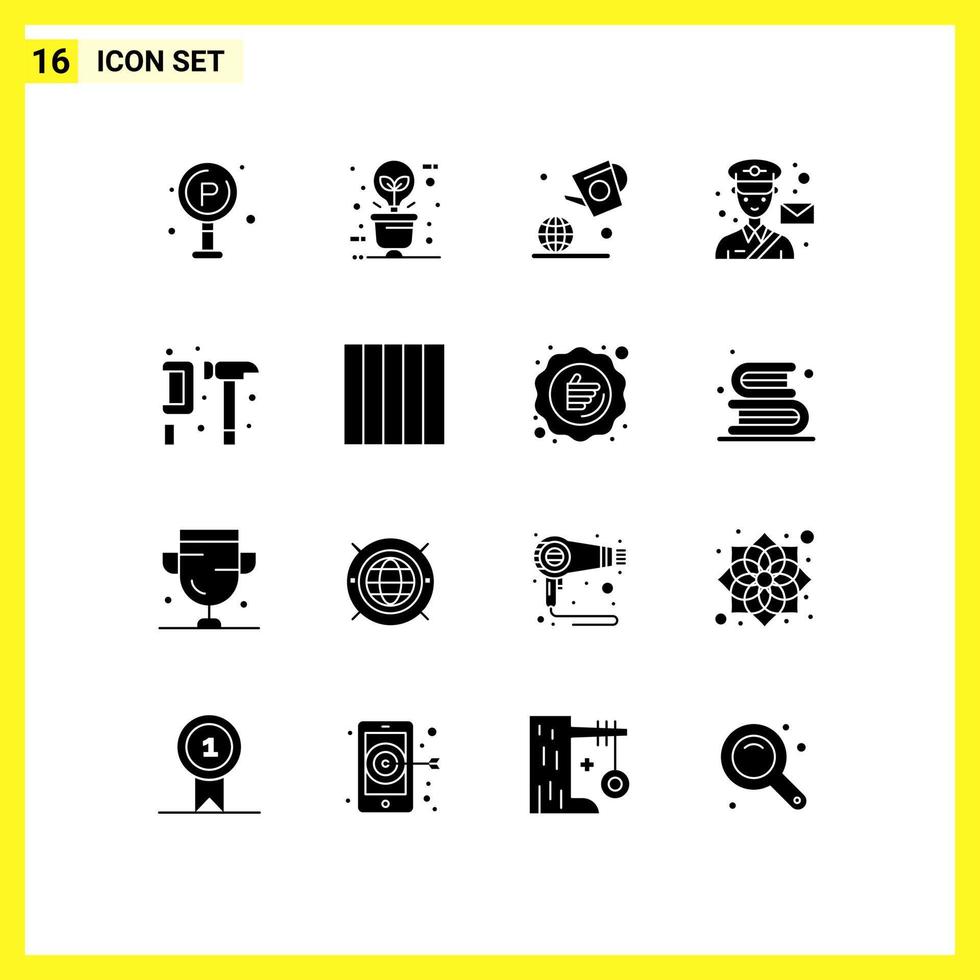 Solid Glyph Pack of 16 Universal Symbols of postman man light mail farming Editable Vector Design Elements