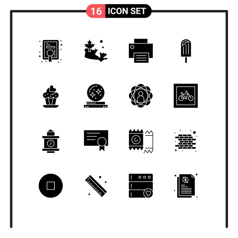Pack of 16 creative Solid Glyphs of love cupcake gadget ice cream Editable Vector Design Elements