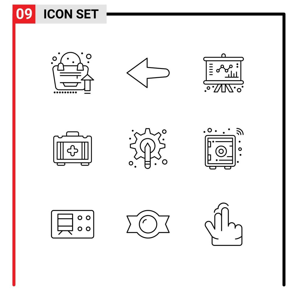 conjunto de pictogramas de 9 contornos simples de elementos de diseño vectorial editables de la bolsa de salud gráfica de la empresa de bolígrafos de engranajes vector