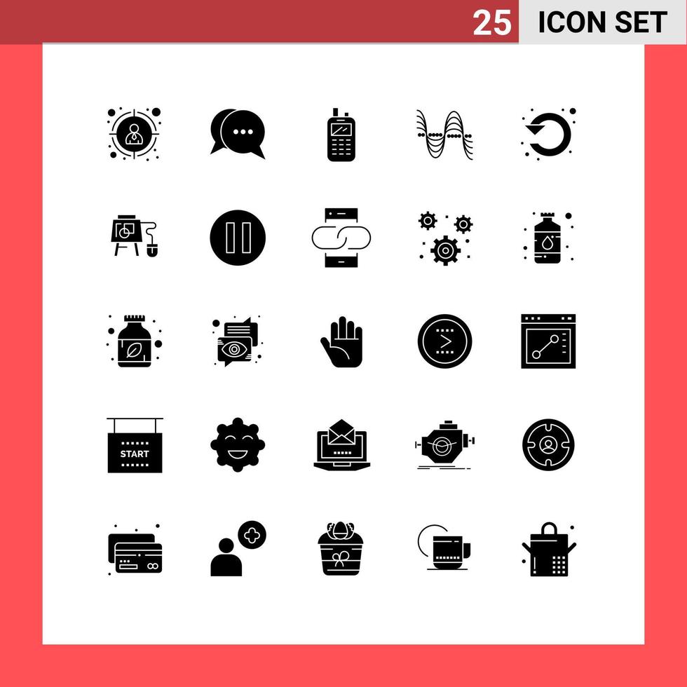 Group of 25 Modern Solid Glyphs Set for refresh sound radio pressure hertz Editable Vector Design Elements