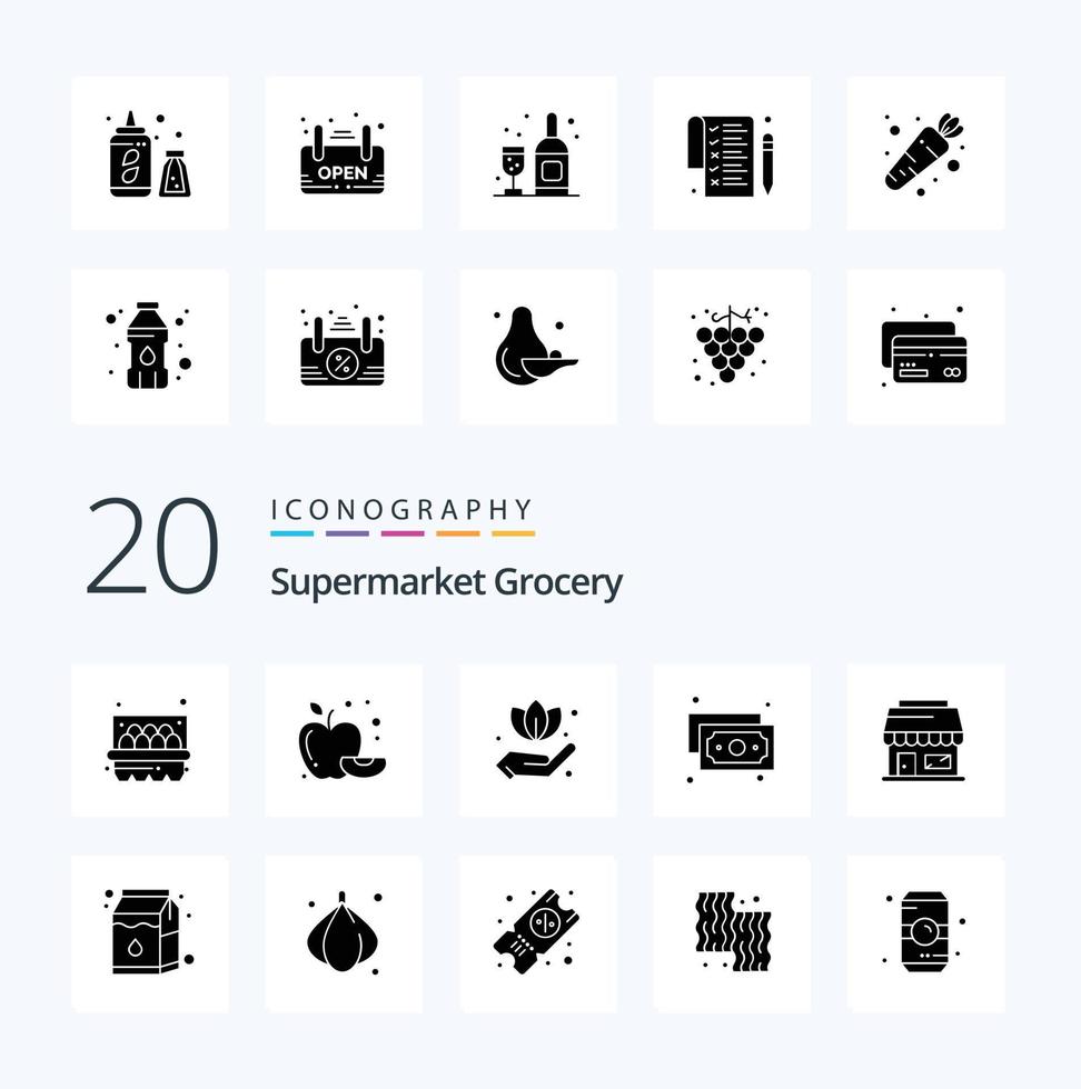 20 Grocery Solid Glyph icon Pack like pak milk leaf webshop shop vector