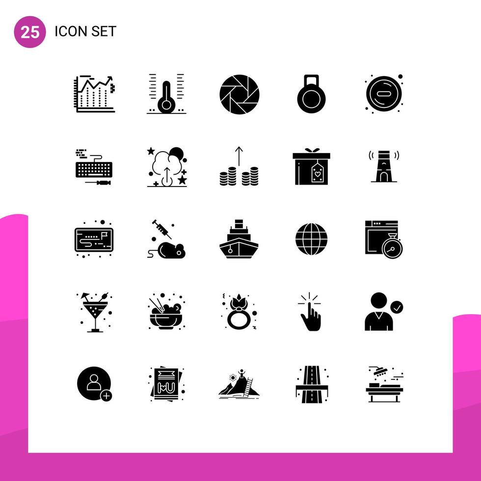 Set of 25 Vector Solid Glyphs on Grid for key minus thermometer delete photo Editable Vector Design Elements