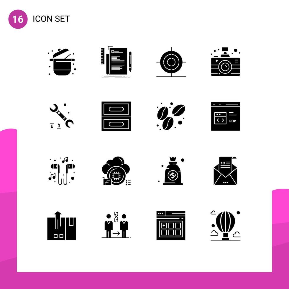 Modern Set of 16 Solid Glyphs Pictograph of news communication programming camera math Editable Vector Design Elements