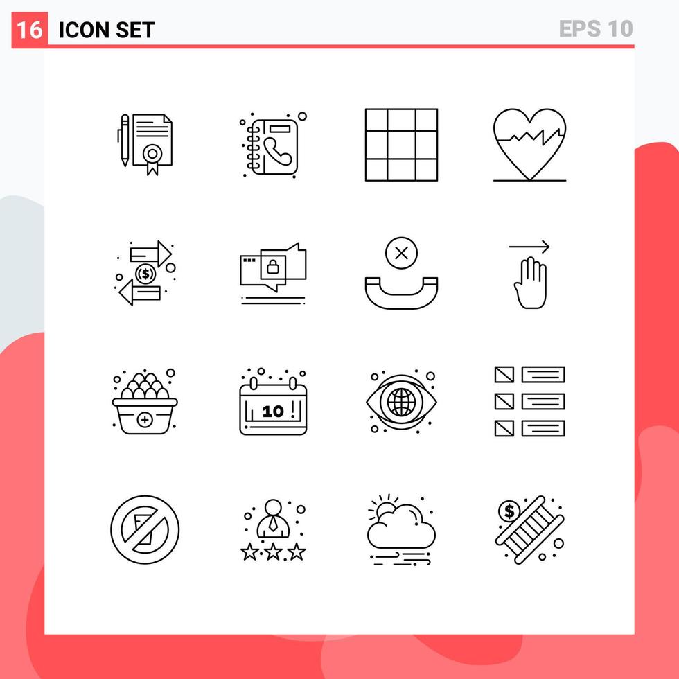 Set of 16 Modern UI Icons Symbols Signs for finance duty phone book coin heart Editable Vector Design Elements