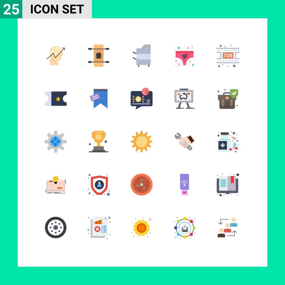 25 User Interface Flat Color Pack of modern Signs and Symbols of movie underpants copier love technology Editable Vector Design Elements
