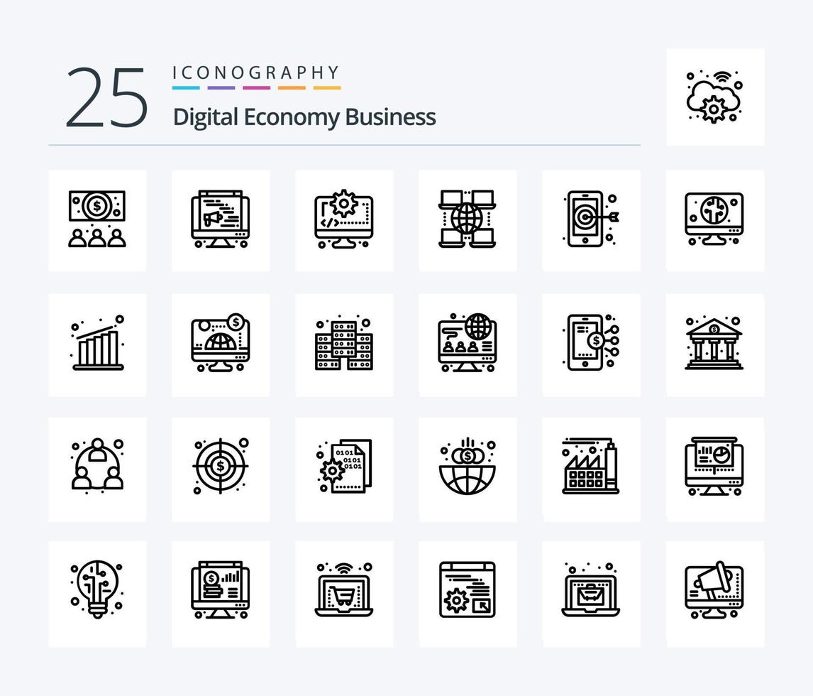 Digital Economy Business 25 Line icon pack including computer. smartphone. digital. target. business vector