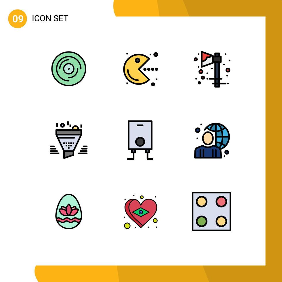 Pack of 9 Modern Filledline Flat Colors Signs and Symbols for Web Print Media such as result sort play funnel holiday Editable Vector Design Elements