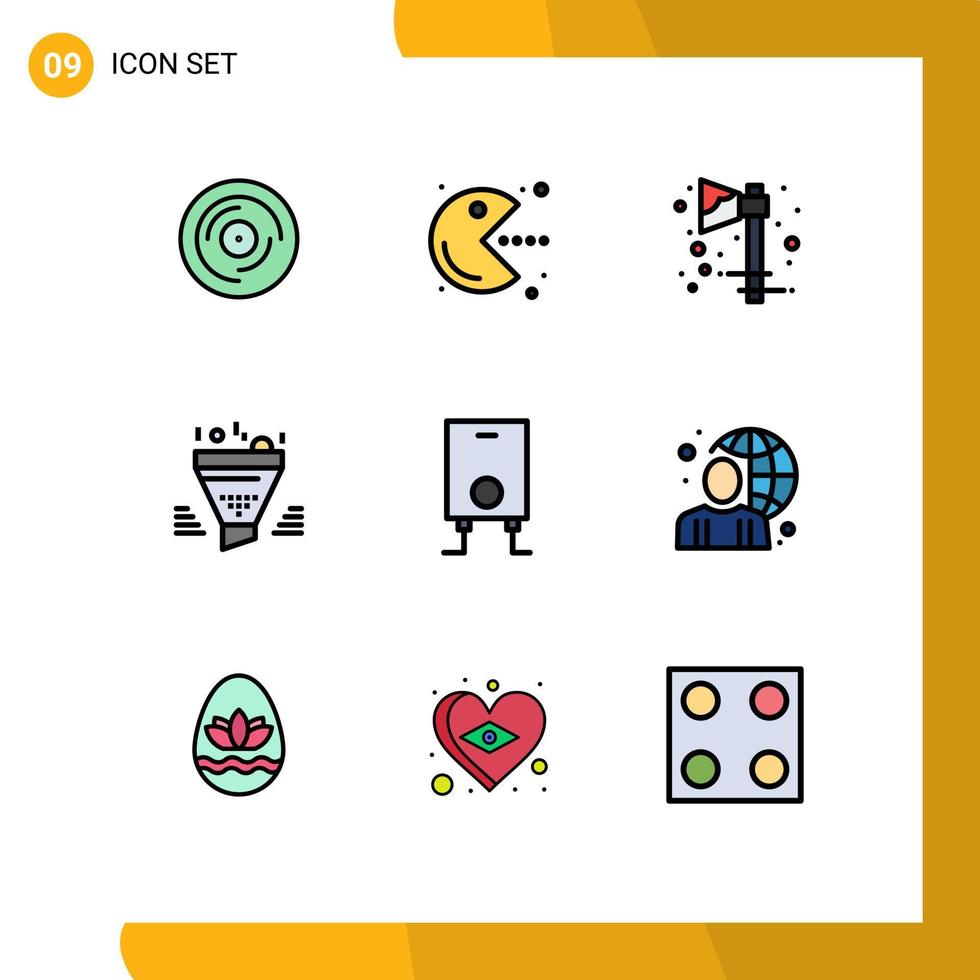 paquete de 9 signos y símbolos modernos de colores planos de línea rellena para medios de impresión web, como elementos de diseño de vectores editables de vacaciones de embudo de juego de clasificación de resultados