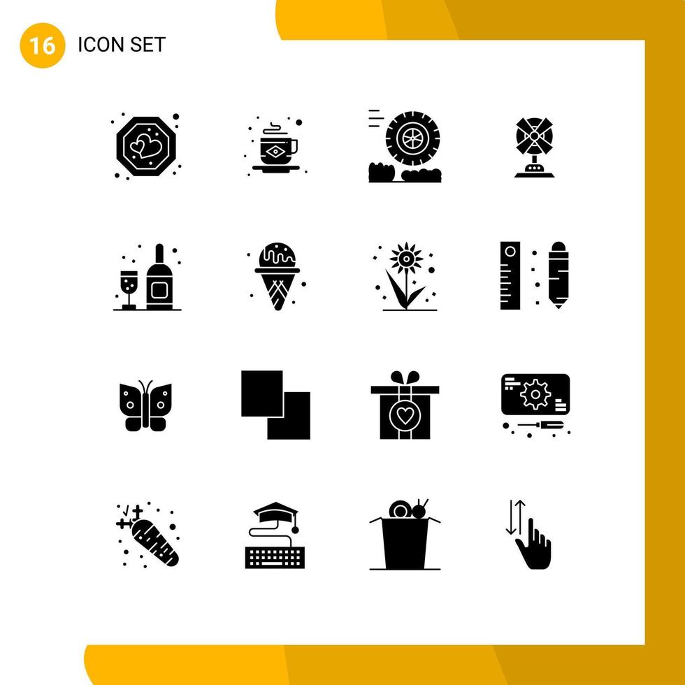 Solid Glyph Pack of 16 Universal Symbols of glass drink friction machine fan Editable Vector Design Elements
