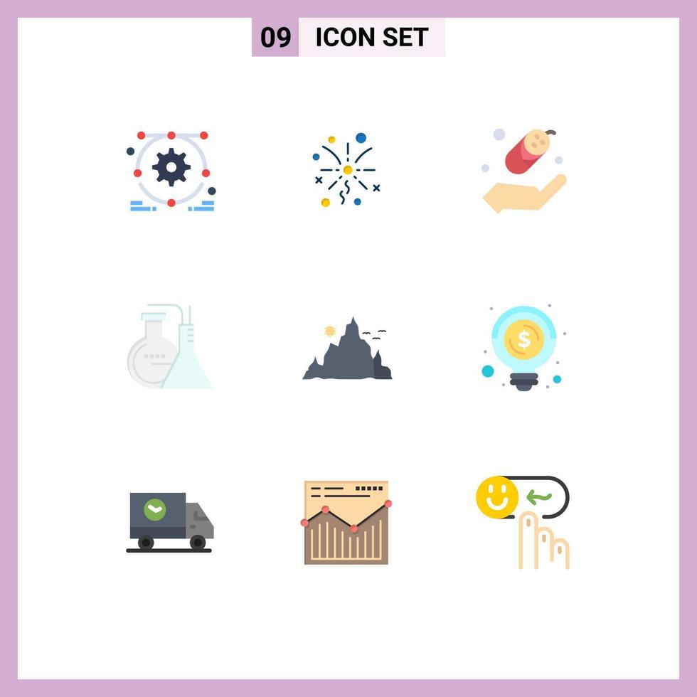 Pack of 9 Modern Flat Colors Signs and Symbols for Web Print Media such as sun hill protection landscape energy Editable Vector Design Elements