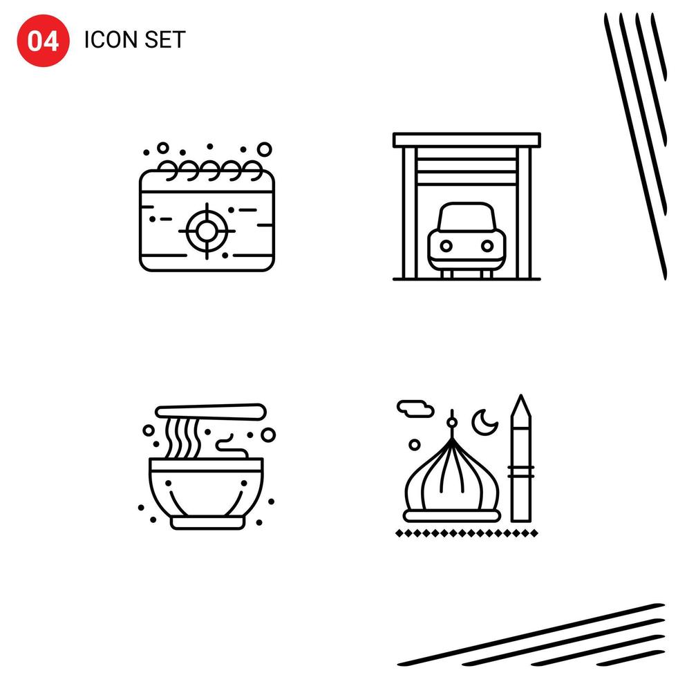 4 Creative Icons Modern Signs and Symbols of calendar noodle target transport mosque Editable Vector Design Elements