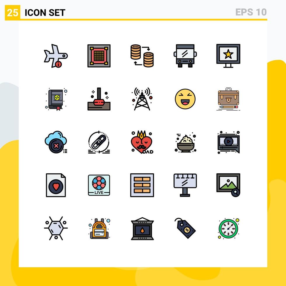 User Interface Pack of 25 Basic Filled line Flat Colors of transport bus graphic share sql Editable Vector Design Elements