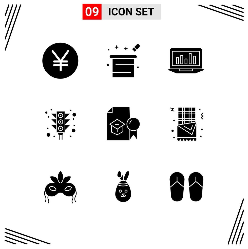 Modern Set of 9 Solid Glyphs Pictograph of certificate traffic laptop light statistics Editable Vector Design Elements