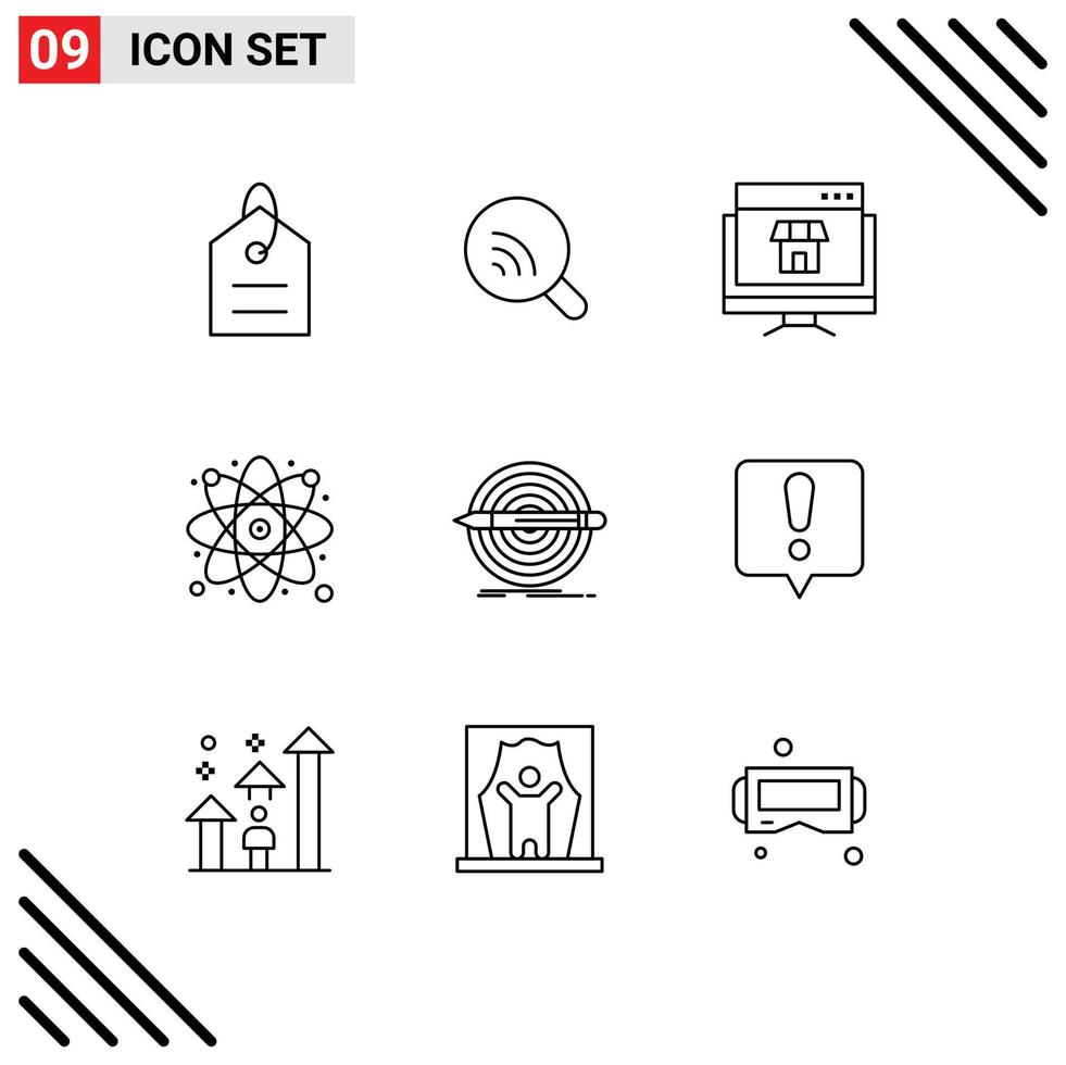9 User Interface Outline Pack of modern Signs and Symbols of design laboratory computer atom shopping Editable Vector Design Elements