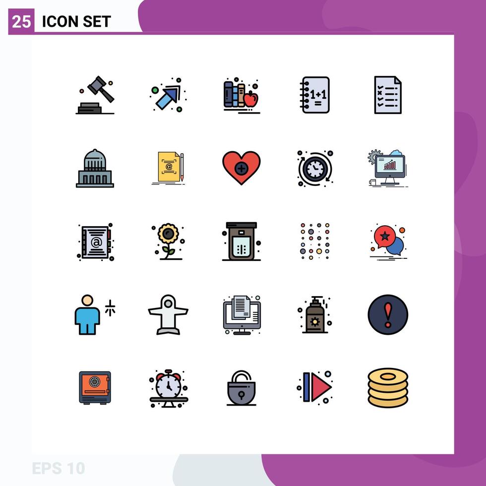 25 Universal Filled line Flat Color Signs Symbols of file books notepad education Editable Vector Design Elements